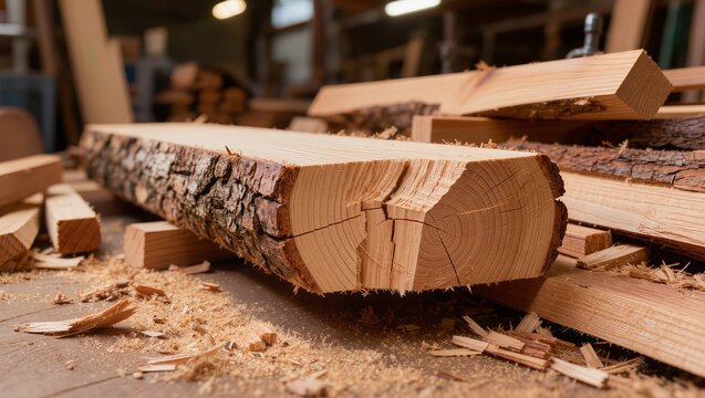 Close-up of freshly cut log with visible rings and cracks, surrounded by wood chips. Scene highlights wood processing, timber industry, and raw material preparation