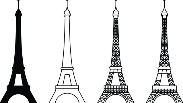 Eiffel Tower vector icon set, black silhouette and line art illustrations of Paris landmark
