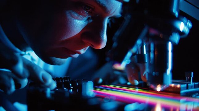 Scientist Examining Experiment: A dedicated scientist peers intently into a complex scientific apparatus, a colorful spectrum of light refracting across the equipment's surface.