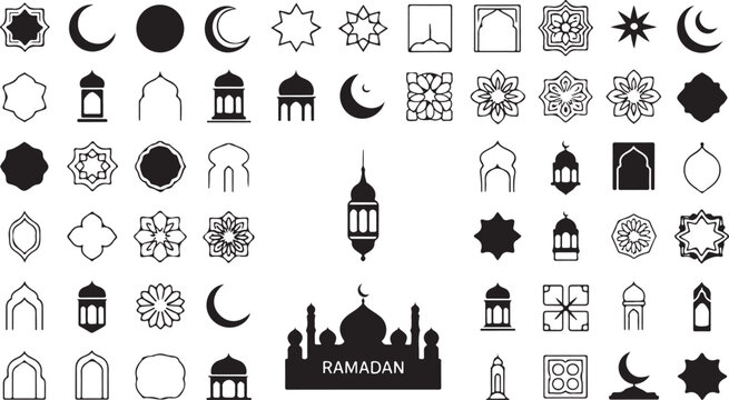 Ramadan icons set with mosque lantern moon star and floral patterns