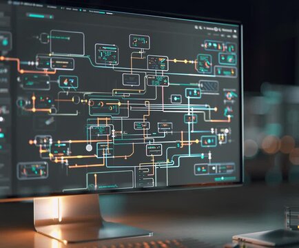 Data Visualization on Screen: A close-up view of a computer screen displaying complex data visualization, lines of code, and intricate schematics.