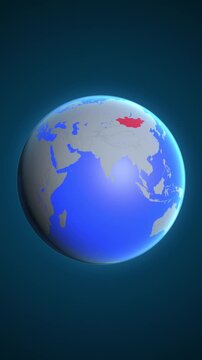 The animation shows a graphic representation of the earth and highlights the location and map of Mongolia colored red in vertical format.