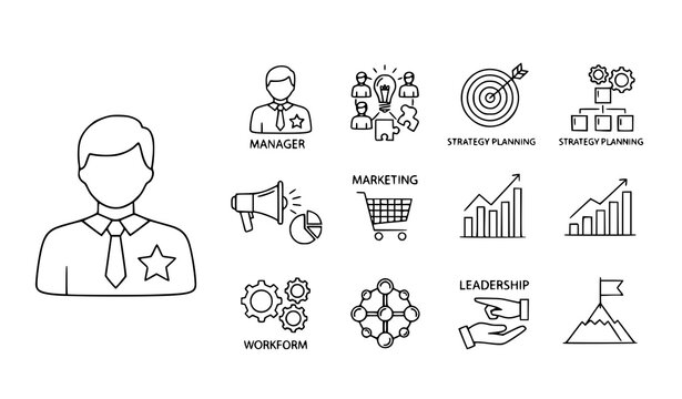 Minimal teamwork and management line icon pack vector with business strategy symbols