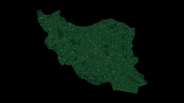 Circuit board map animation of Iran &ndash; Digital PCB Territory Visualization, Technology, Communication