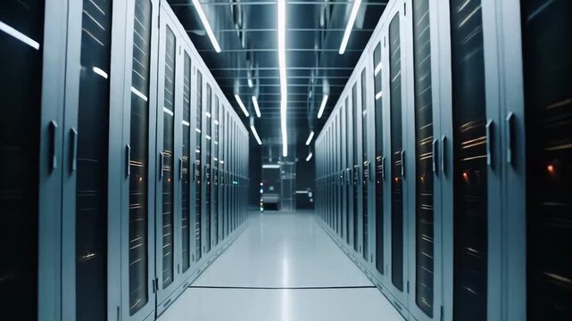 Datacenter facility showing rows of server racks with blinking lights, representing cloud computing, big data processing, network infrastructure, and high speed information exchange