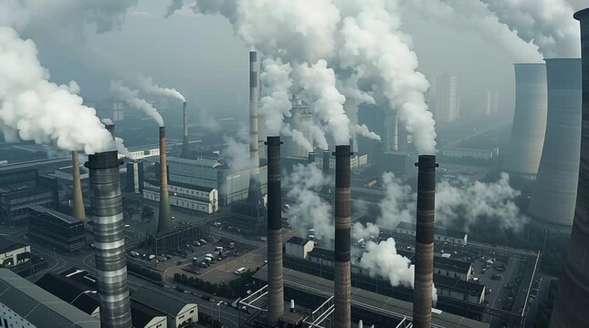 Industrial Emissions: An expansive industrial complex spews thick, billowing plumes of smoke into the atmosphere, highlighting the environmental impact of industry.