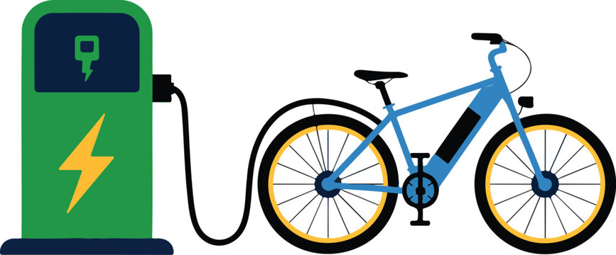 Charging Electric Bicycle Vector Concept with E-Bike at Energy Station, Eco-Friendly Transport, Alternative Green Fuel, and Rechargeable Vehicle Illustration