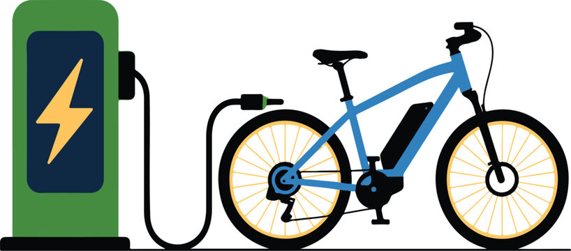 Charging Electric Bicycle Vector Concept with E-Bike at Energy Station, Eco-Friendly Transport, Alternative Green Fuel, and Rechargeable Vehicle Illustration