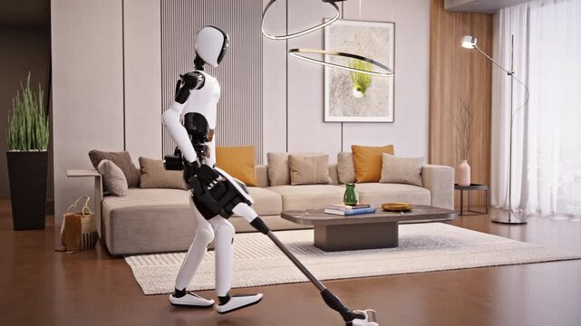 AI-powered humanoid robot cleaning apartment, vacuuming a modern living room. Advanced household automation and AI housekeeping assistant. Future smart home technology. 3d animation rendering