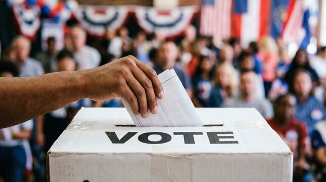 Hand casting a ballot into a vote box at a crowded polling station