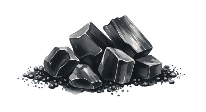 Pile of black coal chunks isolated on transparent background