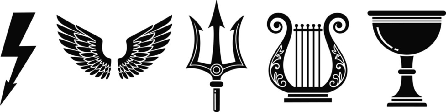 Black silhouette collection of ancient Greek mythology symbols including Zeus lightning bolt Hermes wings Poseidon trident Apollo lyre and a sacrificial chalice cup