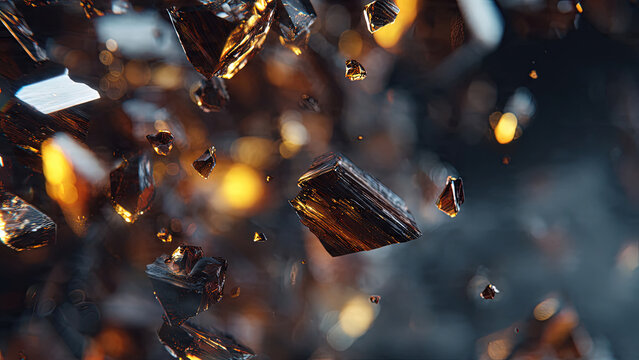 Macro close-up of crystalline coffee ice fragments exploding and tumbling across a dark surface with golden bokeh particles