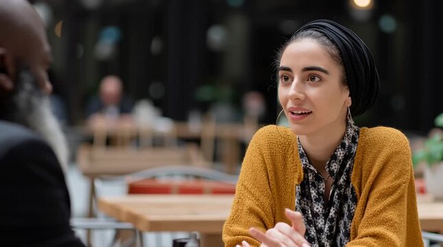 Candid Conversation: A captivating shot of two individuals engaged in a dynamic, meaningful discussion within a warmly lit, modern cafe, showcasing the intricacies of human connection.