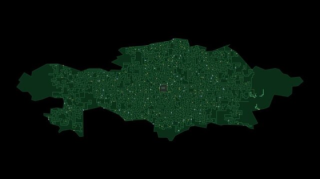 Circuit board map animation of Kazakhstan &ndash; Digital PCB Territory Visualization, Technology, Communication