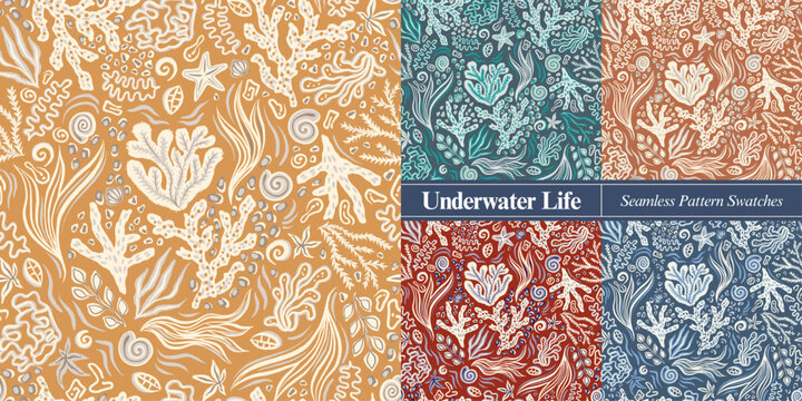 Underwater Seashells and Coral Seaweed Summer Seamless Patterns Set, Marine Sea Life Vector Illustration Gold Monochrome Bohemian Fashion Fabric Textile or Wrapping Paper Background Textures Template
