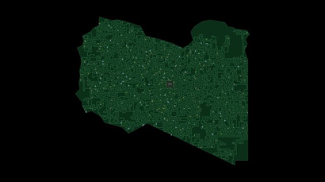 Circuit board map animation of Libya &ndash; Digital PCB Territory Visualization, Technology, Communication