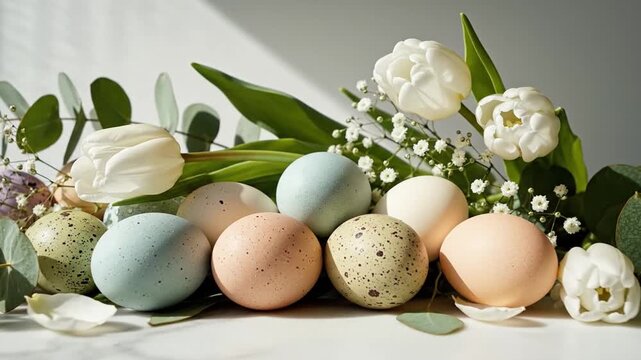 Wedding Decor Inspiration. Elegant Pastel Floral Arrangement. Charming Pastel Eggs With Bright Tulips And Eucalyptus. Delicate Pastel Eggs Surrounded By Tulips And Eucalyptus On Marble Surface