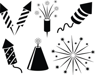 Black firework silhouette icon set, festive party rockets and crackers for New Year celebration events © Afsana
