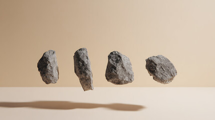 Naklejka premium Four rough gray natural stones hover in a row above a light beige surface with soft shadows against an earth-toned background, creating a sense of balance and weightlessness