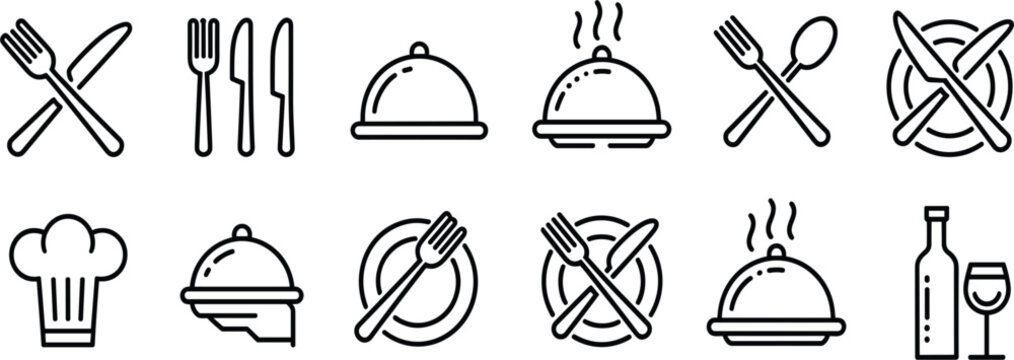 Restaurant and dining line icon set featuring cutlery, chef hat, food cloche, and wine bottle