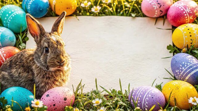 Vibrant Spring Scene With Bunny And Eggs. Colorful Easter Decorations Featuring Bunny And Eggs Outdoors. Bright Springtime Scene Showcasing Festive Bunny And Multicolored Eggs In Sunny Meadow