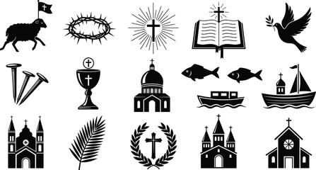 Fototapeta premium Large collection of Christian religious black icons featuring church buildings holy cross bible dove crown of thorns lamb of god and easter symbols
