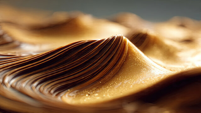 Macro photography of liquid coffee sculpted into rolling sand dune waves with golden glitter texture on dark background