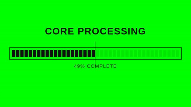 A digital animation showing core processing progress bars filling sequentially from 12% to 77% across multiple panels on a green background, ending with a black screen.