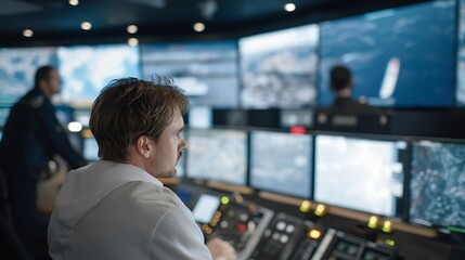Fototapeta premium Port authority control room with operators monitoring dozens of screens showing container ship positions, radar systems, and weather data during approaching spring storm system, ideal for maritime
