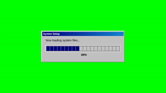 A retro-style system setup loading screen progresses from 12% to 77% over eight seconds, displaying incremental blue bar fills against a green background with black space at the end.