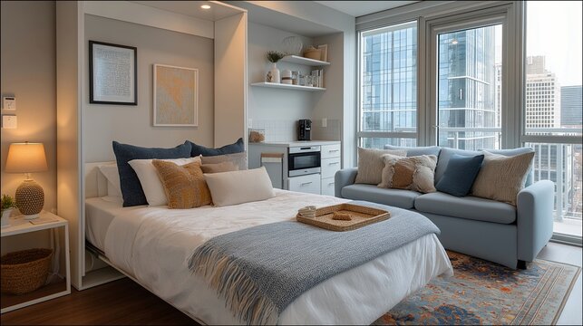 Affordable housing interior with space saving Murphy bed, compact kitchen, and clever storage solutions maximizing small footprint efficiently, ideal for micro apartments, urban density, and modern