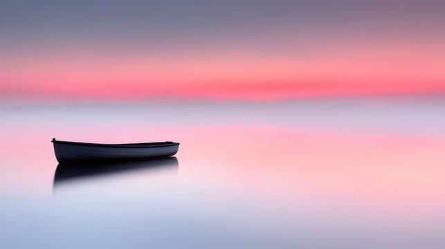 A boat on a calm lake at sunset.