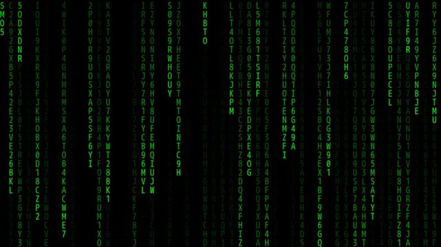 A digital rain of green alphanumeric characters cascades down a black background, evoking a cyberpunk or hacker aesthetic with glowing symbols and data streams.