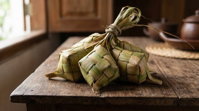 Foto close-up ketupat tradisional yang dibungkus daun kelapa dan diikat rapi, diletakkan di atas meja kayu dengan pencahayaan alami