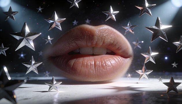 Floating human glossy mouth revealing upper teeth on shiny table with metal stars and spotlights