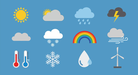 Obraz premium Weather Icons Collection - Sun, Clouds, Rain, Snow, Rainbow, Wind, Thermometers, Snowflake, Droplet, and Wind Turbine.