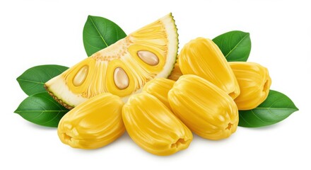 Fresh ripe jackfruit segments and a slice with green leaves