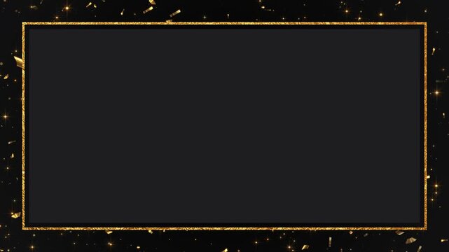 golden confetti and border frame on black animation, gold sale and birthday party celebration social media motion design element