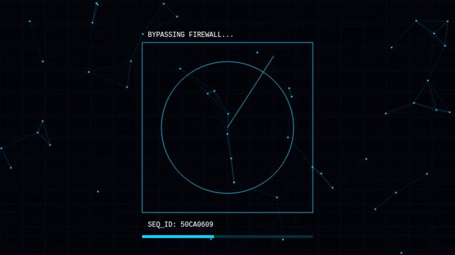 A digital interface displays multiple panels with rotating geometric patterns, progress bars, and technical labels like 'extracting kernel data' and 'access granted', set against a dark, starry backg