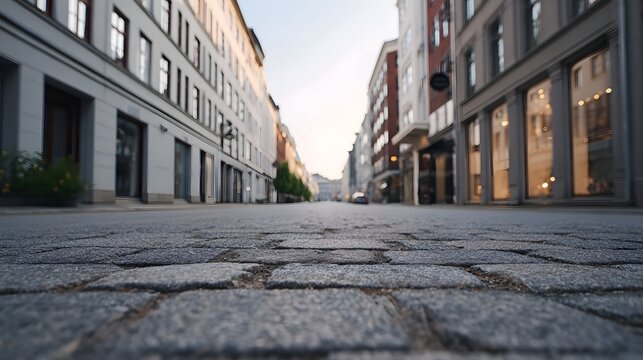 A low angle perspective captures a quiet cobblestone urban street lined with historic buildings under a bright sky