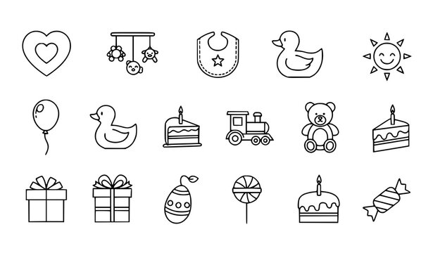 Linear baby icon set with toys birthday celebration and nursery elements thin line vector