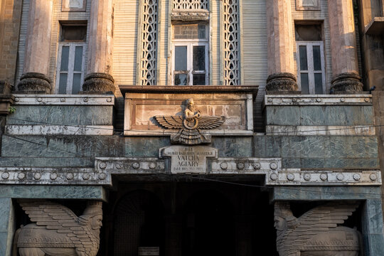 Parsi religious building facade with Faravahar symbol, historic architecture detail in Mumbai