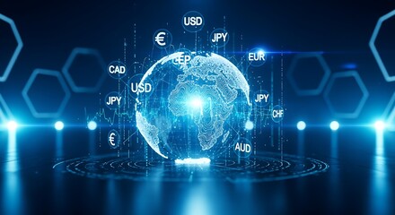 Fototapeta premium Futuristic holographic globe displays global currency symbols and financial data visualizations