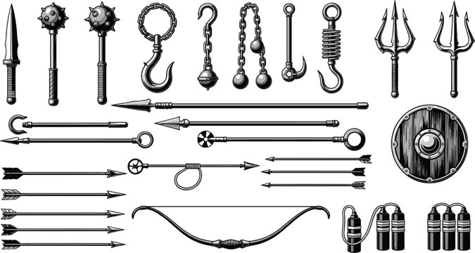Medieval weapon collection vector illustration, maces hooks chains spears arrows and shield set, ancient combat gear, warrior equipment, historical armory design, isolated detailed elements