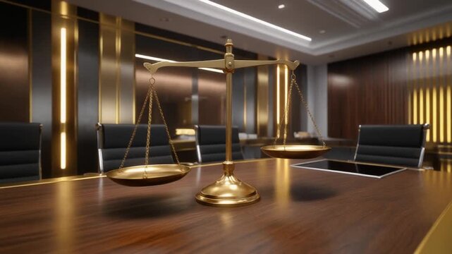 Golden scales of justice on a wooden conference table in a modern