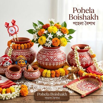 Pohela boishakh bengali new year festival decorations with colorful flowers and traditional pottery