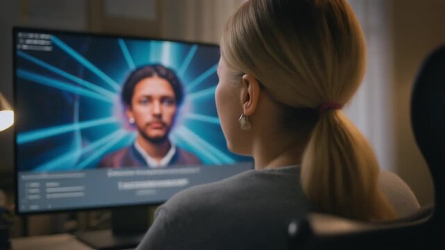 Woman creating AI generated avatar on computer screen at home