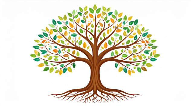 Decorative Tree of Life with Deep Roots and Vibrant Foliage, Flat Botanical Vector Illustration