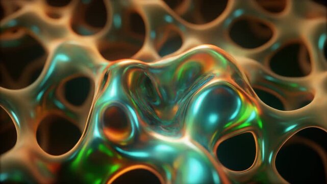 Abstract macro shot of organic iridescent metallic cells and flowing liquid structure